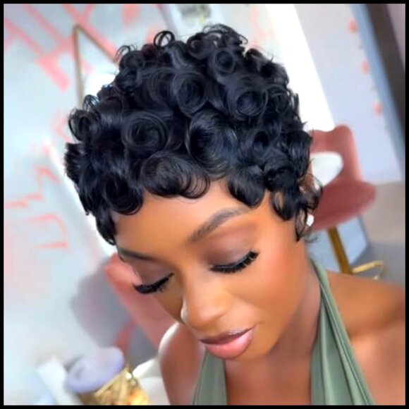 Human Hair Pixie Cut Wig Glueless Adjustable Layered Curly Wavy Style